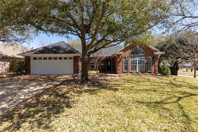 ranch-style home with concrete driveway, an attached garage, brick siding, and a front lawn