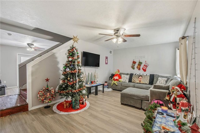 living room featuring ceiling fan, a textured ceiling, and light wood-type flooring