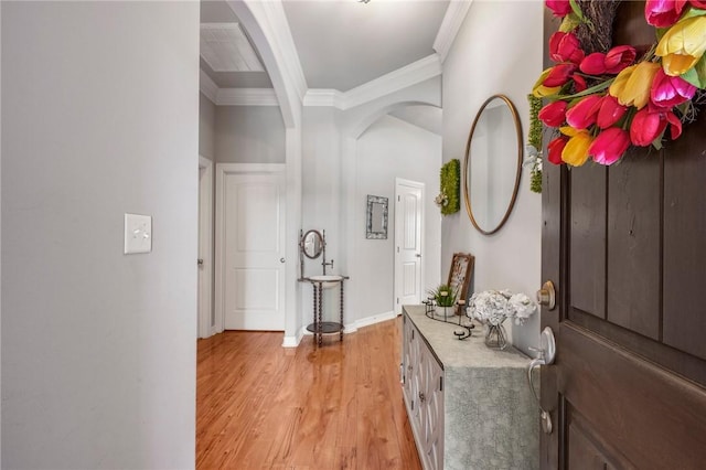 3901 Lienz Ln, College Station, TX 77845 - hall featuring light wood-style floors, crown molding, and baseboards