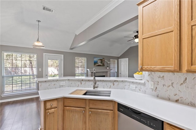 kitchen featuring kitchen peninsula, stainless steel dishwasher, vaulted ceiling, dark wood-type flooring, and sink