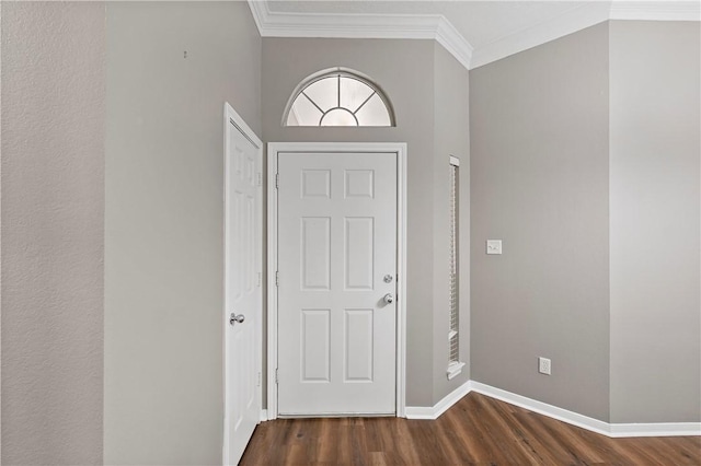 entrance foyer with dark hardwood / wood-style floors and ornamental molding