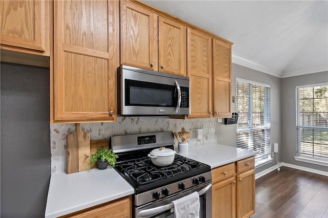 kitchen featuring appliances with stainless steel finishes, tasteful backsplash, crown molding, dark hardwood / wood-style floors, and lofted ceiling