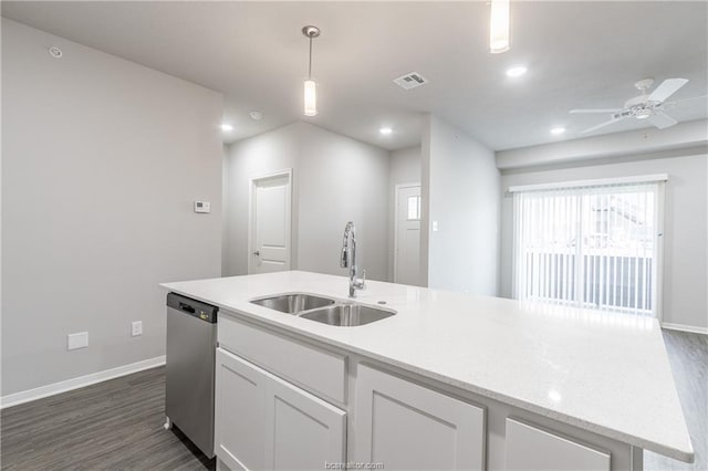 kitchen with sink, white cabinets, dishwasher, ceiling fan, and pendant lighting