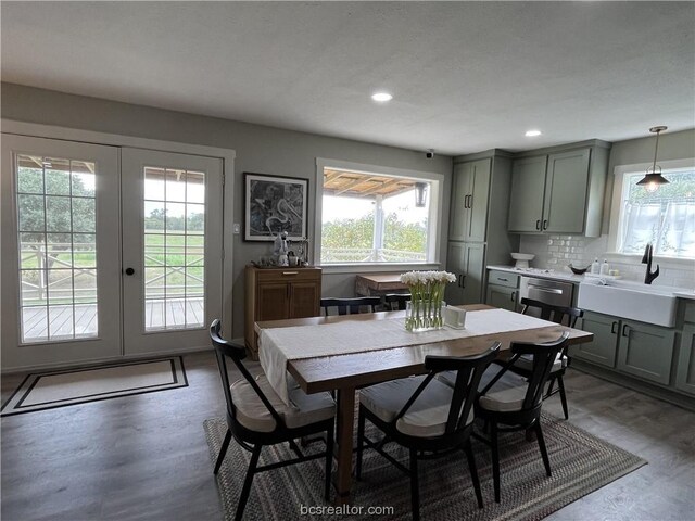 dining room featuring dark hardwood / wood-style flooring, sink, and french doors