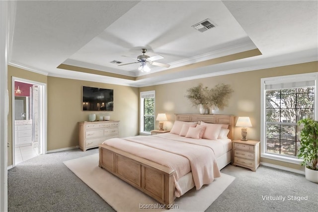 bedroom featuring a tray ceiling, multiple windows, and ceiling fan