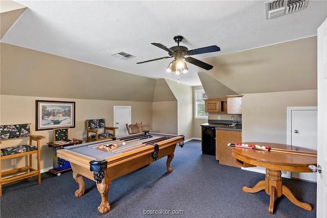 playroom featuring ceiling fan, sink, dark colored carpet, vaulted ceiling, and pool table