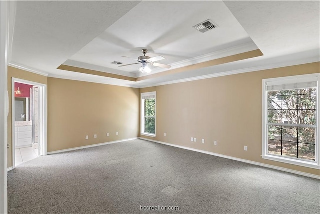 carpeted spare room with a raised ceiling, ceiling fan, and ornamental molding