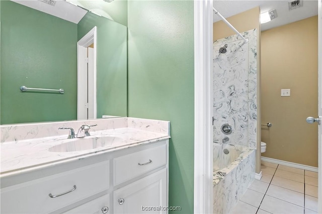 full bathroom featuring vanity, tile patterned flooring, shower / bathtub combination with curtain, and toilet