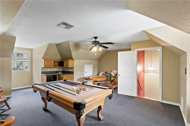 playroom with a textured ceiling, ceiling fan, vaulted ceiling, and billiards