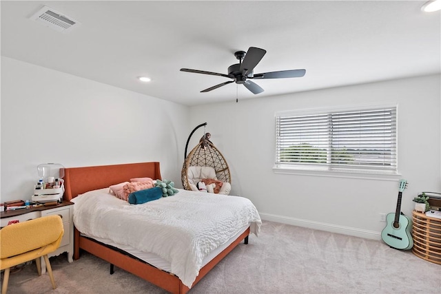 bedroom featuring visible vents, ceiling fan, baseboards, recessed lighting, and carpet