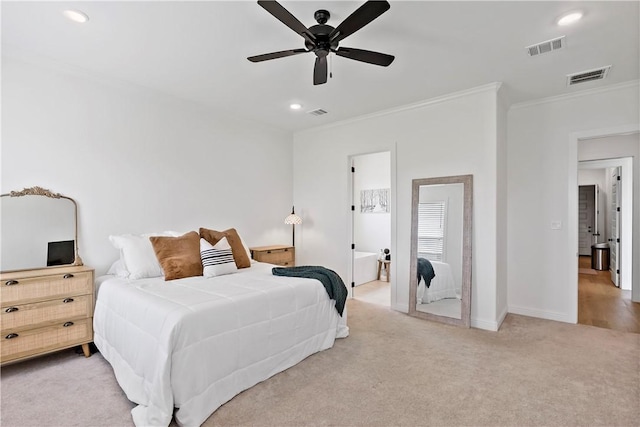 bedroom featuring visible vents, carpet floors, crown molding, and recessed lighting