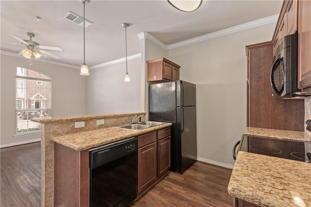 kitchen featuring crown molding, dark hardwood / wood-style flooring, black appliances, and sink