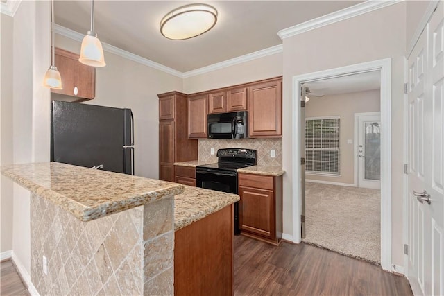 kitchen featuring backsplash, kitchen peninsula, dark wood-type flooring, and black appliances