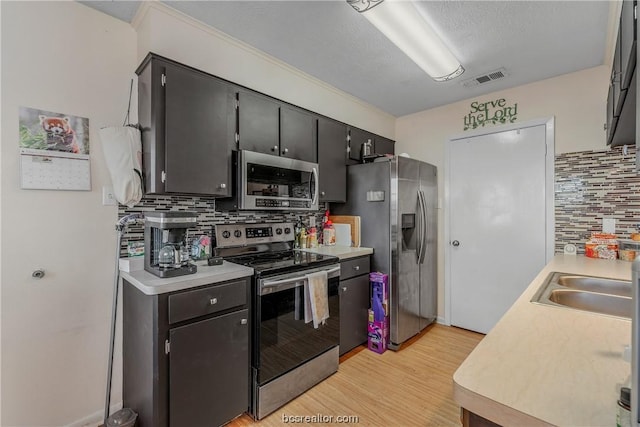 kitchen with sink, light wood-type flooring, stainless steel appliances, and tasteful backsplash