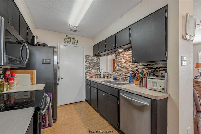 kitchen with sink, backsplash, light hardwood / wood-style floors, a textured ceiling, and appliances with stainless steel finishes