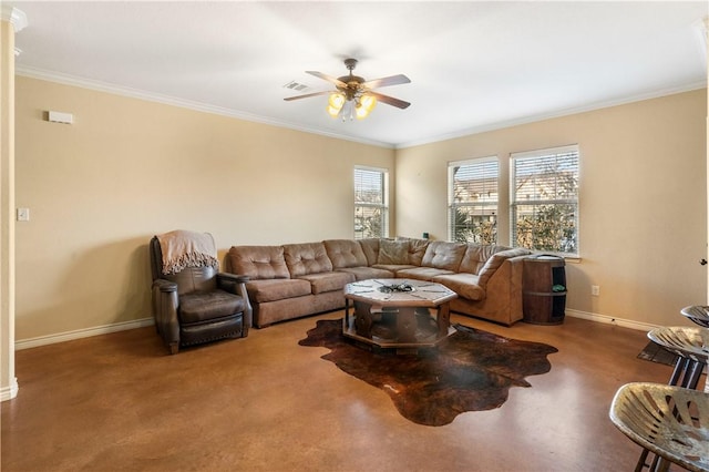 carpeted living room featuring crown molding and ceiling fan