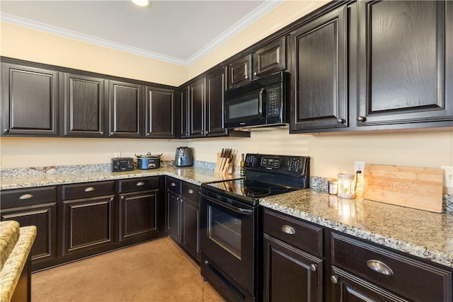 kitchen featuring light stone counters, dark brown cabinetry, ornamental molding, and black appliances