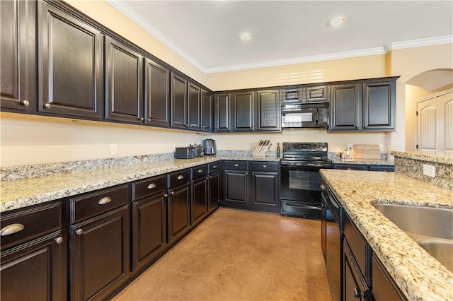 kitchen featuring crown molding, light stone countertops, dark brown cabinets, and black appliances