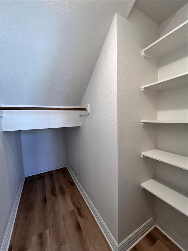 2126 Mountain Wind Loop, Bryan, TX 77807 - walk in closet featuring dark wood-style floors and lofted ceiling