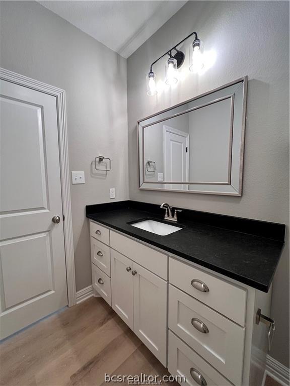 bathroom with wood-type flooring and vanity