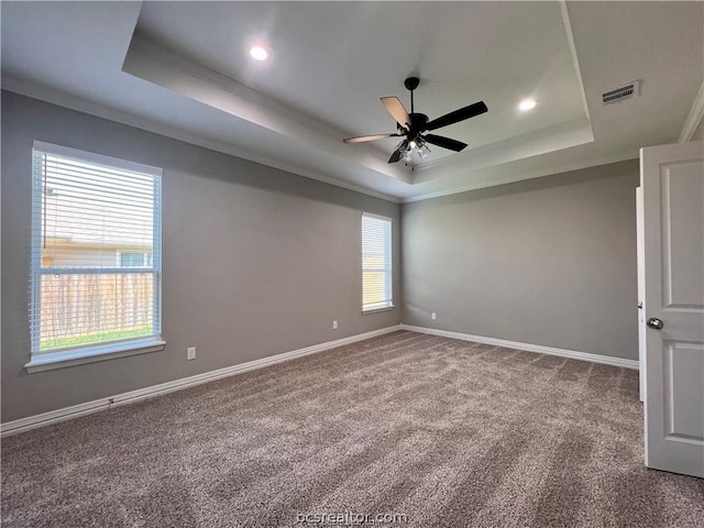 unfurnished room featuring plenty of natural light and a tray ceiling