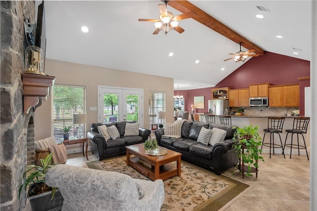 living area with recessed lighting, ceiling fan with notable chandelier, beam ceiling, visible vents, and high vaulted ceiling