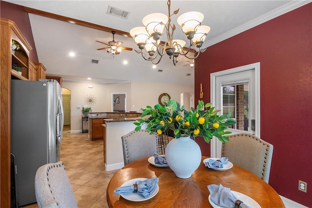 dining space with visible vents, light tile patterned floors, ceiling fan with notable chandelier, and recessed lighting
