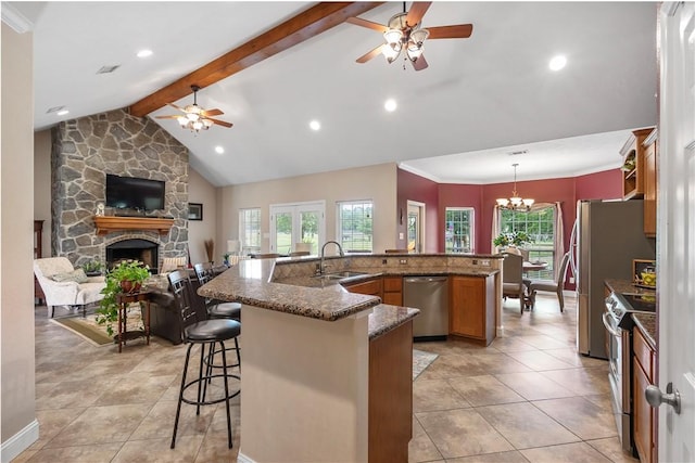 kitchen featuring a healthy amount of sunlight, stainless steel appliances, ceiling fan with notable chandelier, a stone fireplace, and a sink