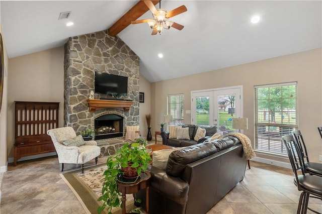living room featuring baseboards, a fireplace, beam ceiling, visible vents, and a ceiling fan