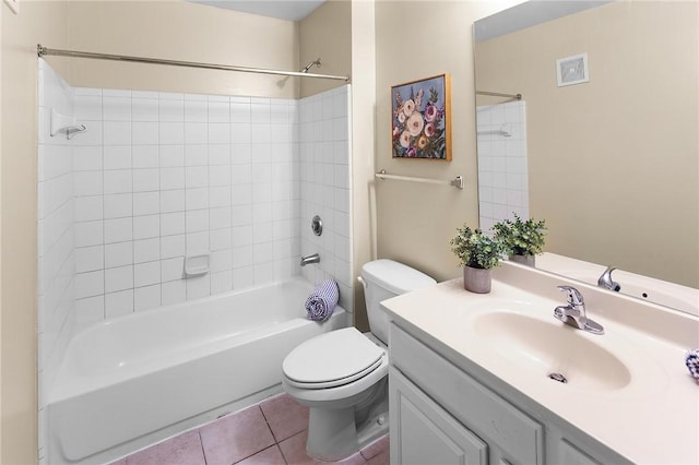 full bathroom with vanity, visible vents, shower / washtub combination, tile patterned floors, and toilet