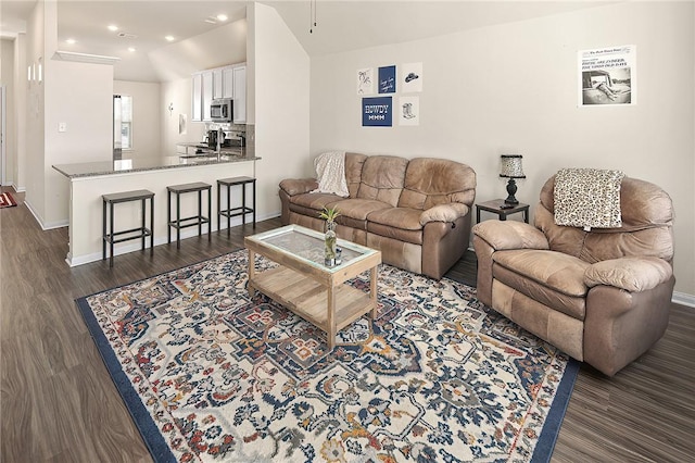 living room featuring sink, lofted ceiling, and dark hardwood / wood-style floors