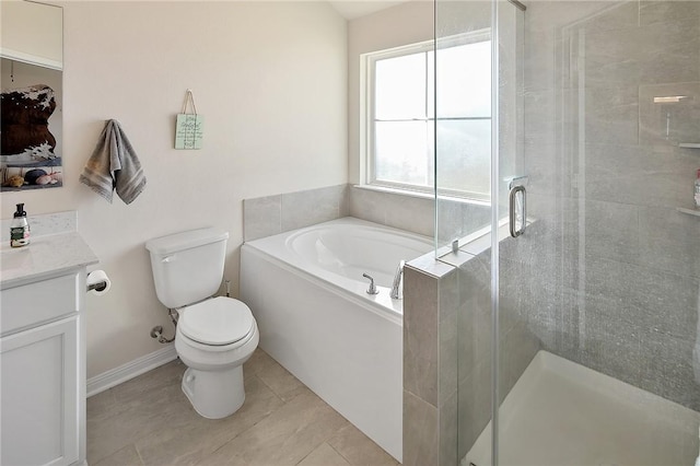 full bathroom with toilet, vanity, tile patterned floors, and separate shower and tub