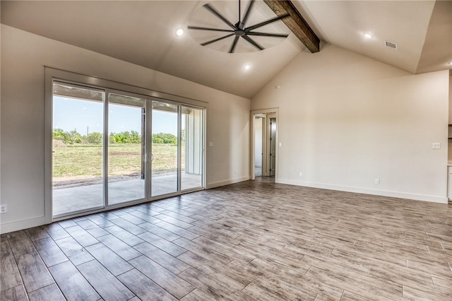 empty room featuring ceiling fan, light hardwood / wood-style flooring, high vaulted ceiling, and beamed ceiling