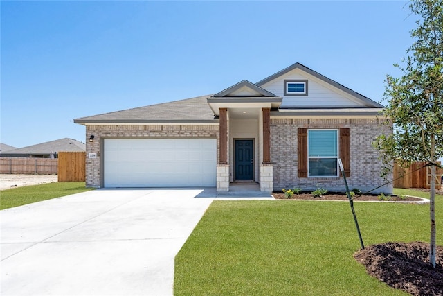 view of front of property with brick siding, a front lawn, fence, concrete driveway, and a garage