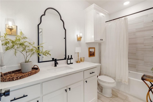 full bathroom with toilet, shower / bath combination with curtain, and vanity