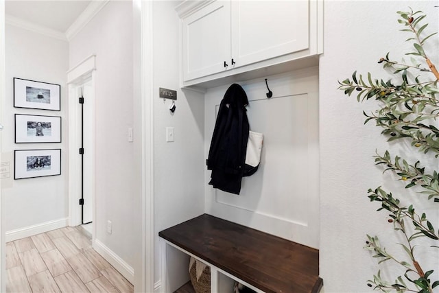 mudroom featuring ornamental molding and light hardwood / wood-style flooring