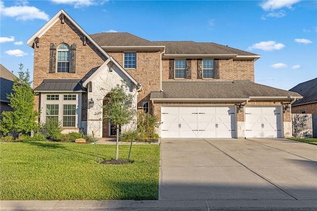 view of front of home with a garage and a front lawn