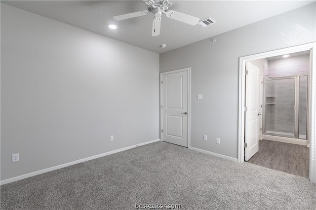 unfurnished bedroom featuring ceiling fan and carpet floors