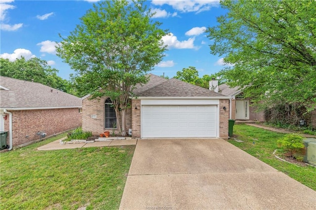 ranch-style house with a garage, concrete driveway, a chimney, a front lawn, and brick siding