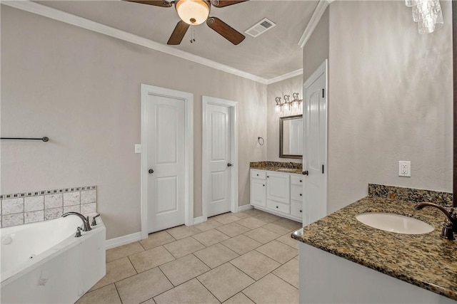 bathroom with ceiling fan, tile patterned flooring, a bathtub, vanity, and ornamental molding