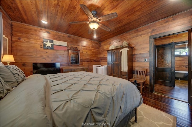 bedroom with hardwood / wood-style floors, wooden ceiling, ceiling fan, and wooden walls