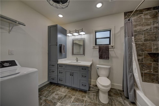 full bathroom with shower / tub combo, vanity, washer / clothes dryer, and toilet