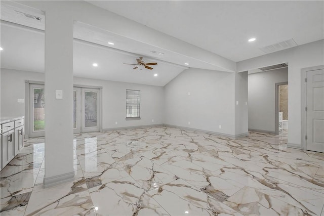 1001 Esther Blvd, Bryan, TX 77802 - unfurnished living room with vaulted ceiling, a ceiling fan, light marble finish flooring, recessed lighting, and baseboards