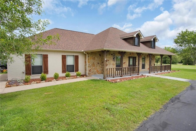 10175 Steep Hollow Rd, Bryan, TX 77808 - view of front of home with a porch, stone siding, roof with shingles, and a front yard