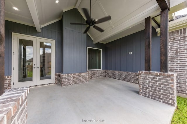 view of patio / terrace featuring ceiling fan and french doors