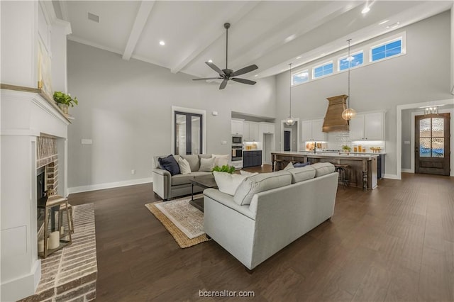 living room featuring dark hardwood / wood-style flooring, a towering ceiling, and a healthy amount of sunlight