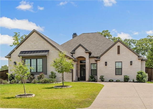 1701 Kerr Valley Ln, College Station, TX 77845 - french country inspired facade featuring a chimney, a shingled roof, a standing seam roof, brick siding, and concrete driveway