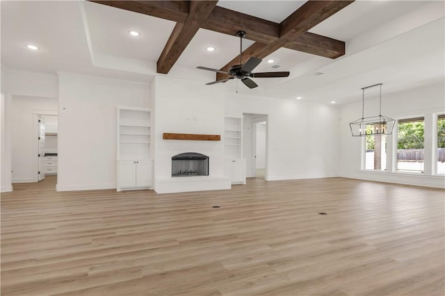 1701 Kerr Valley Ln, College Station, TX 77845 - unfurnished living room with light wood-style flooring, recessed lighting, a fireplace, coffered ceiling, and a ceiling fan