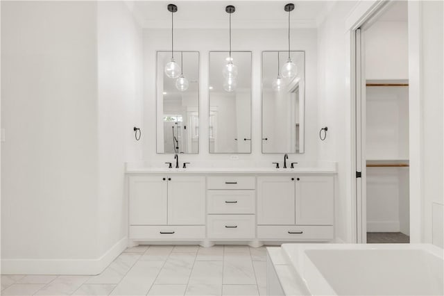 1701 Kerr Valley Ln, College Station, TX 77845 - full bath with double vanity, marble look tiles, ornamental molding, and a bath