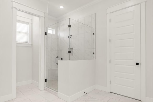 1701 Kerr Valley Ln, College Station, TX 77845 - full bathroom with ornamental molding, a marble finish shower, marble look tile flooring, and recessed lighting